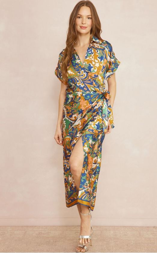 Mia Satin Print Wrap Dress